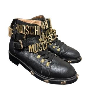 Moschino Black Leather Ankle Boots with Gold Accents size 39